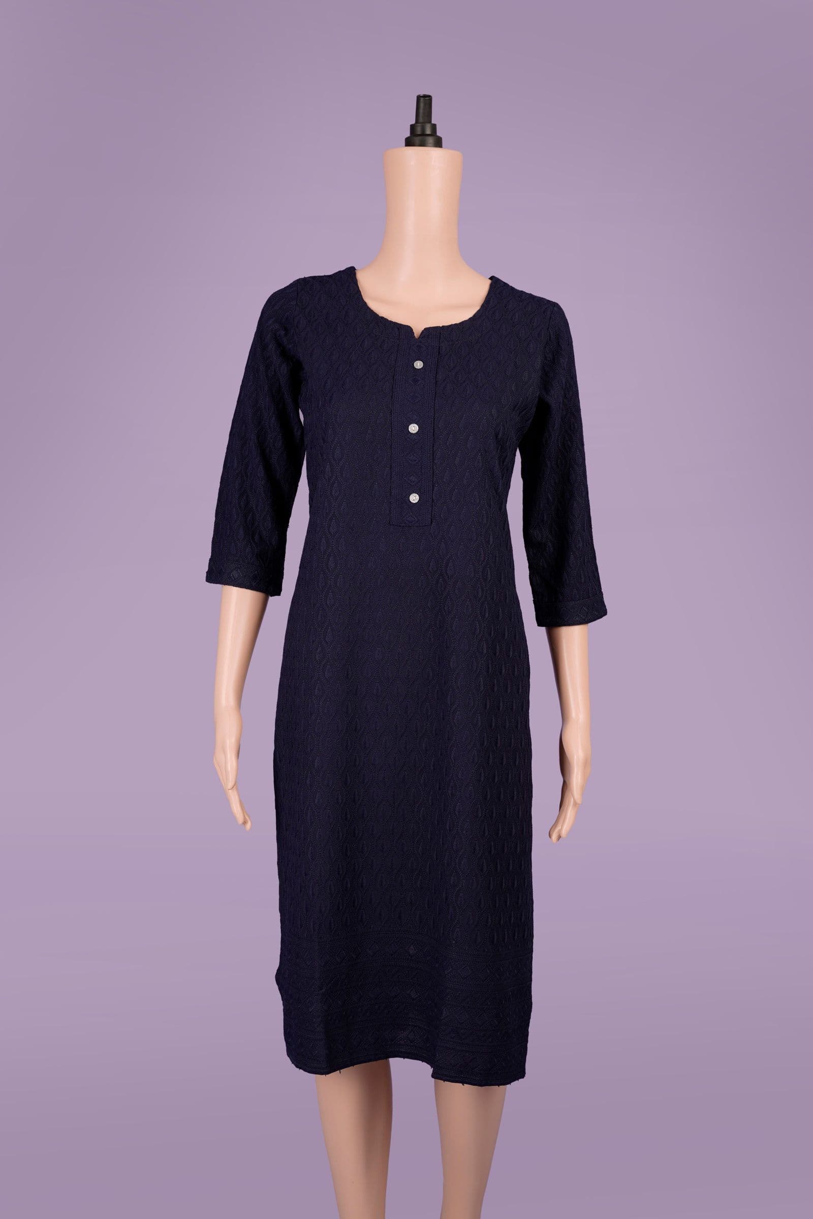 Navy Blue Textured Straight Kurti