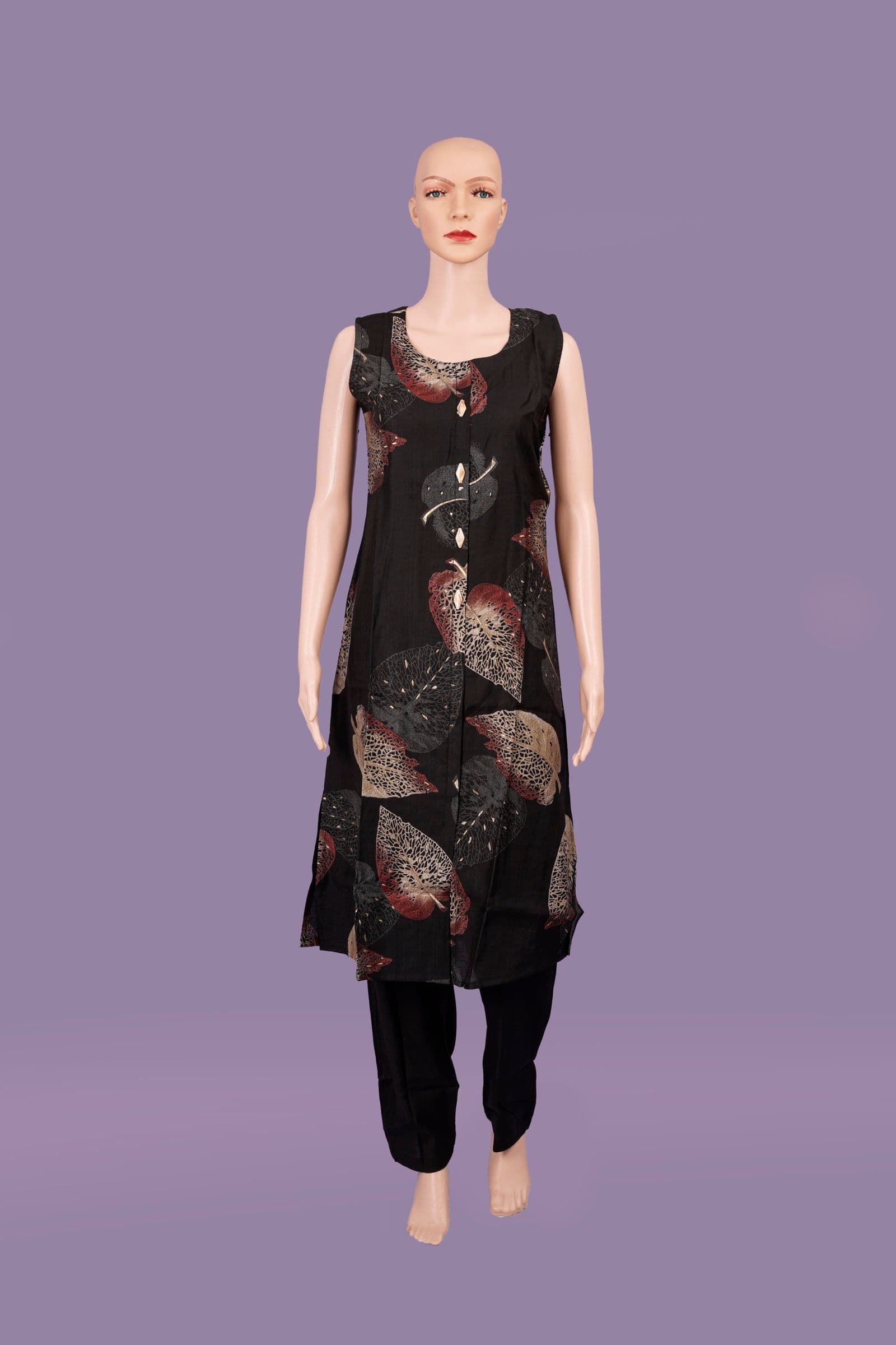 Abstract Leaf Print Sleeveless Kurta Set