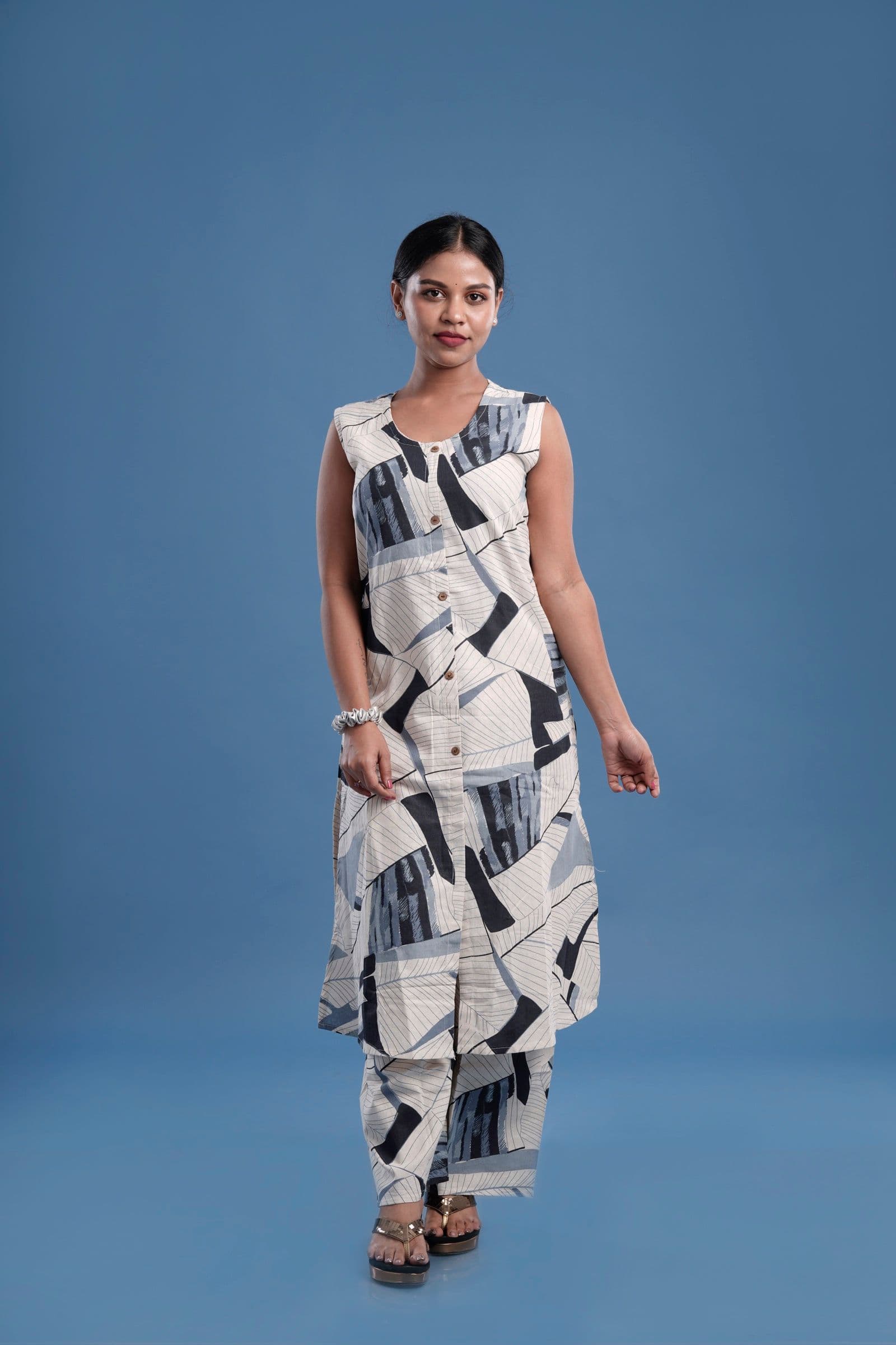 White Abstract Geometric Print Co-ord Set