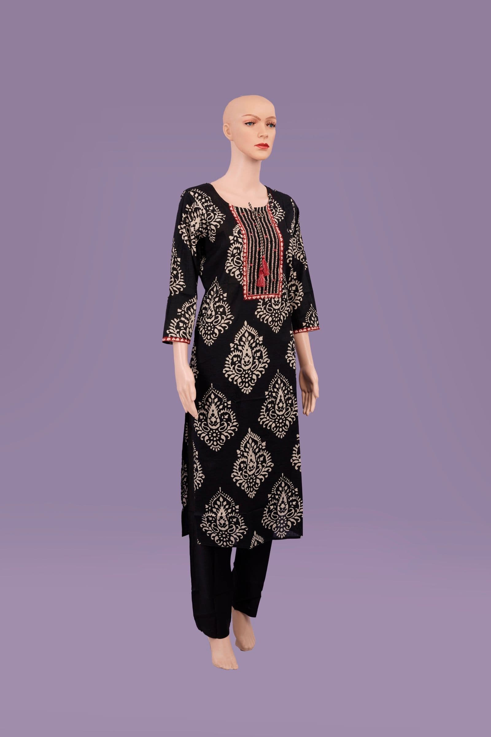 Damask Block Print Embroidered Kurta Set