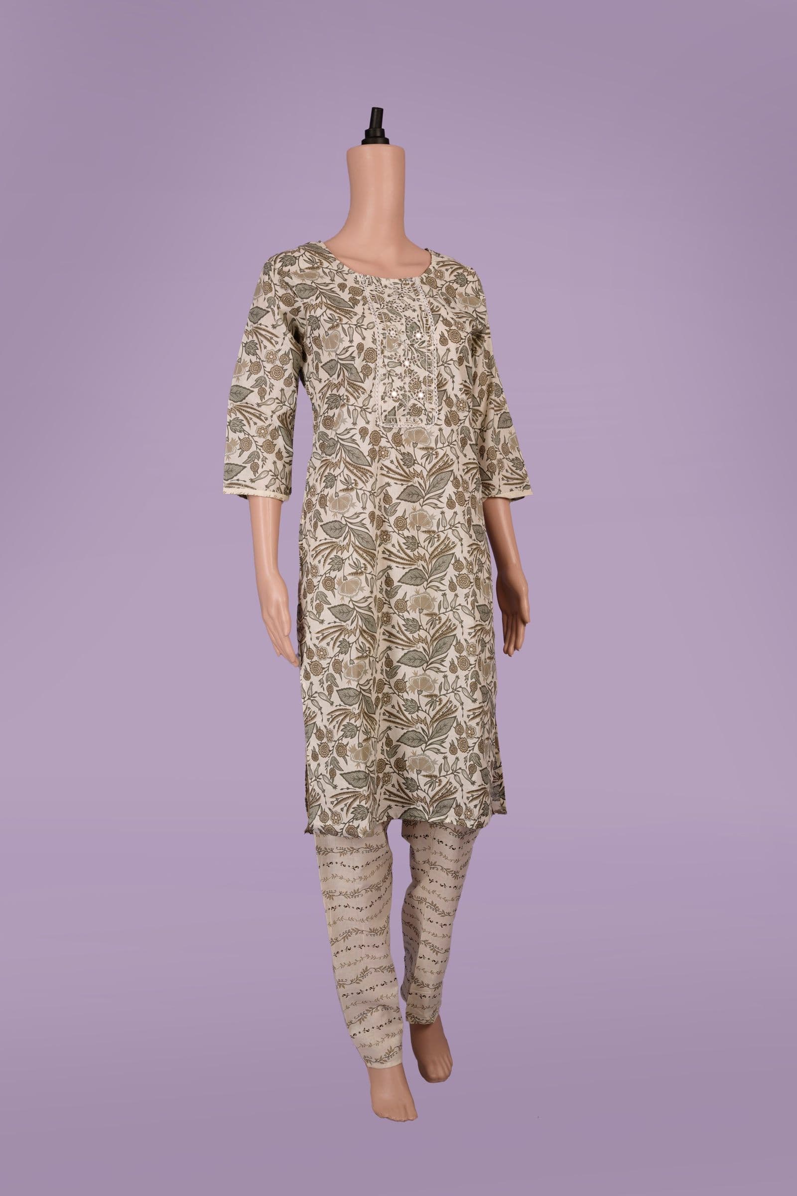Olive Green Botanical Print Kurta Set