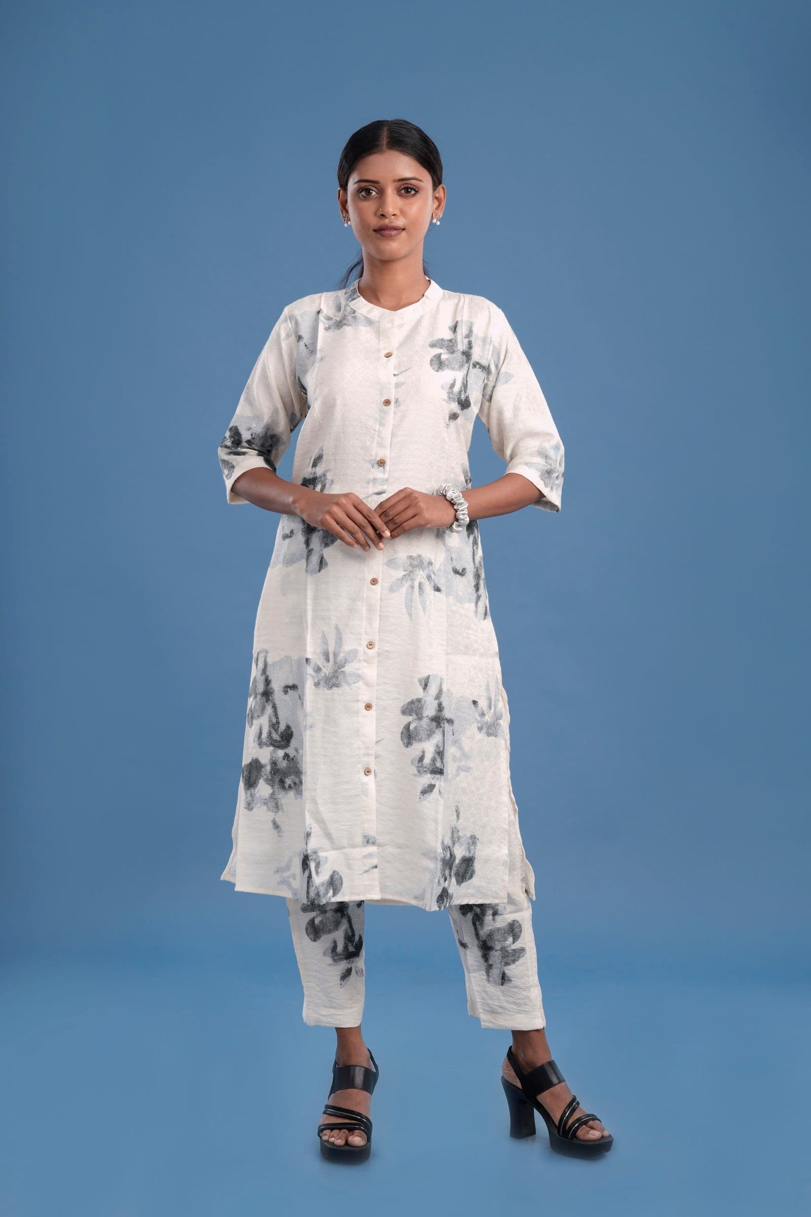 White Watercolour Floral Print Kurta Set