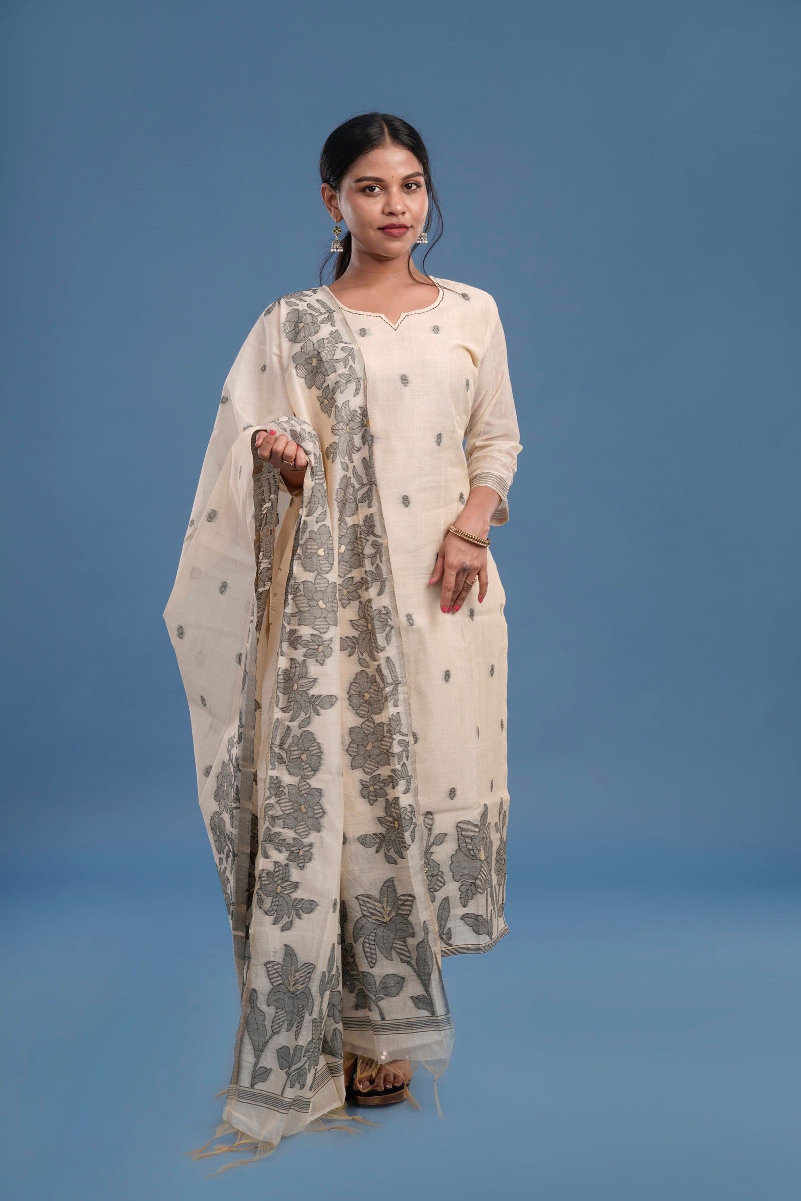 Cream Grey Floral Print Kurta Set with Dupatta