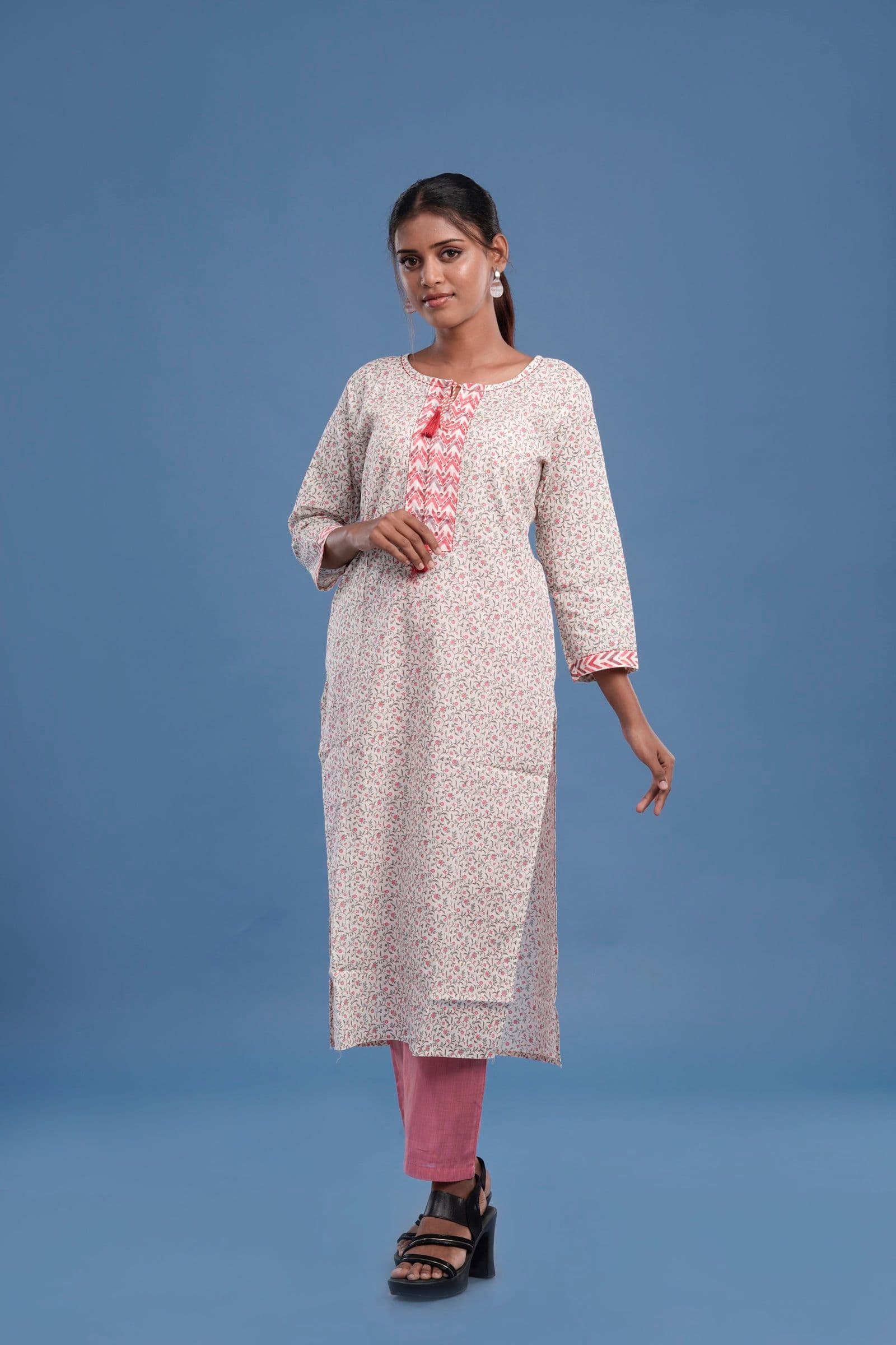 White Red Print Kurta Set with Pink Pants