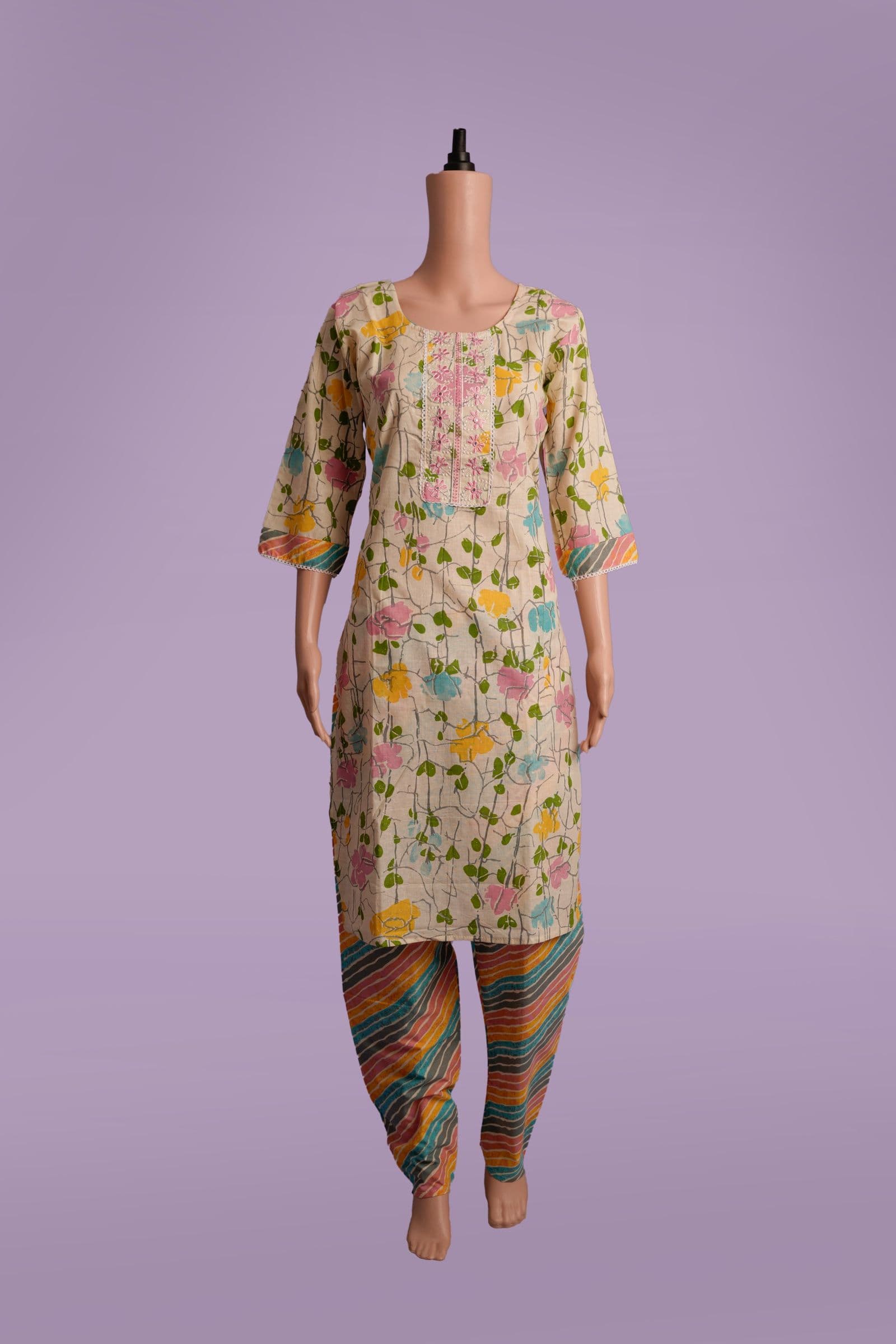 Pastel Floral Print Kurta with Striped Patiala
