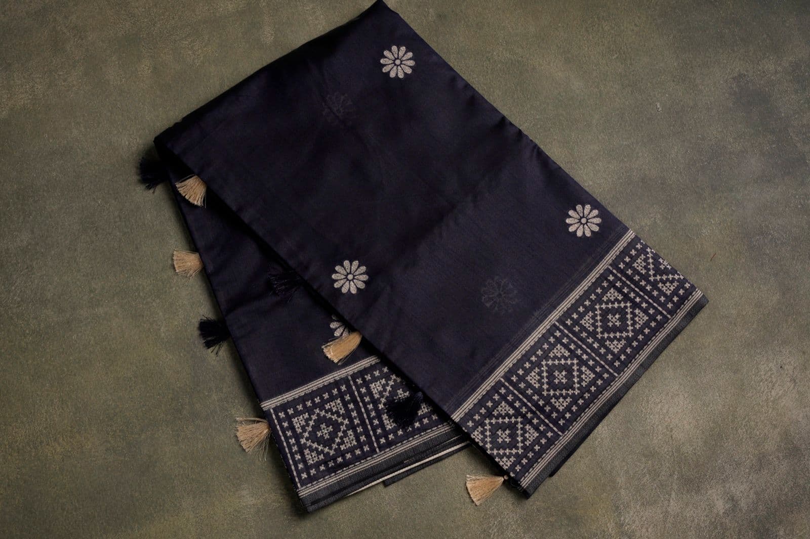 Navy Blue Floral Motif Cotton Saree with Tassels