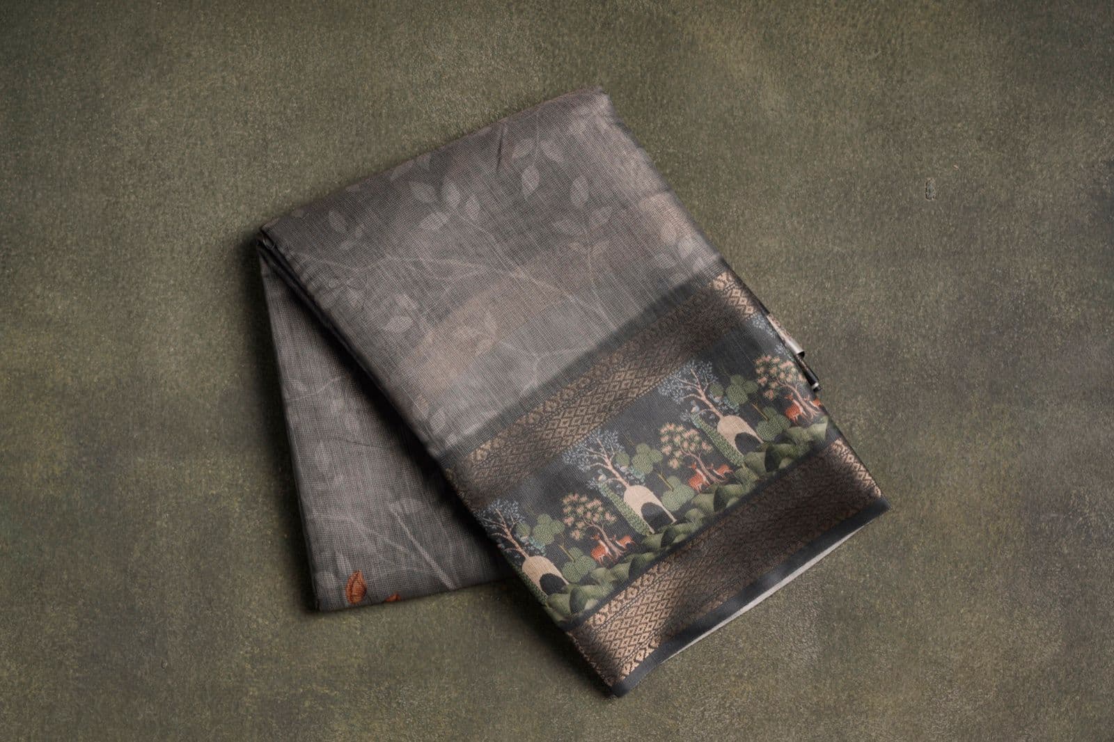 Grey Scenic Border Silk Saree