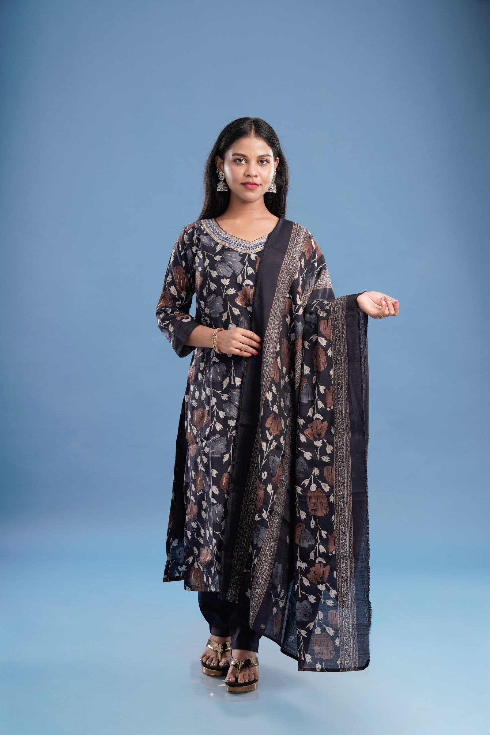 Black Floral Anarkali Kurta Set with Dupatta