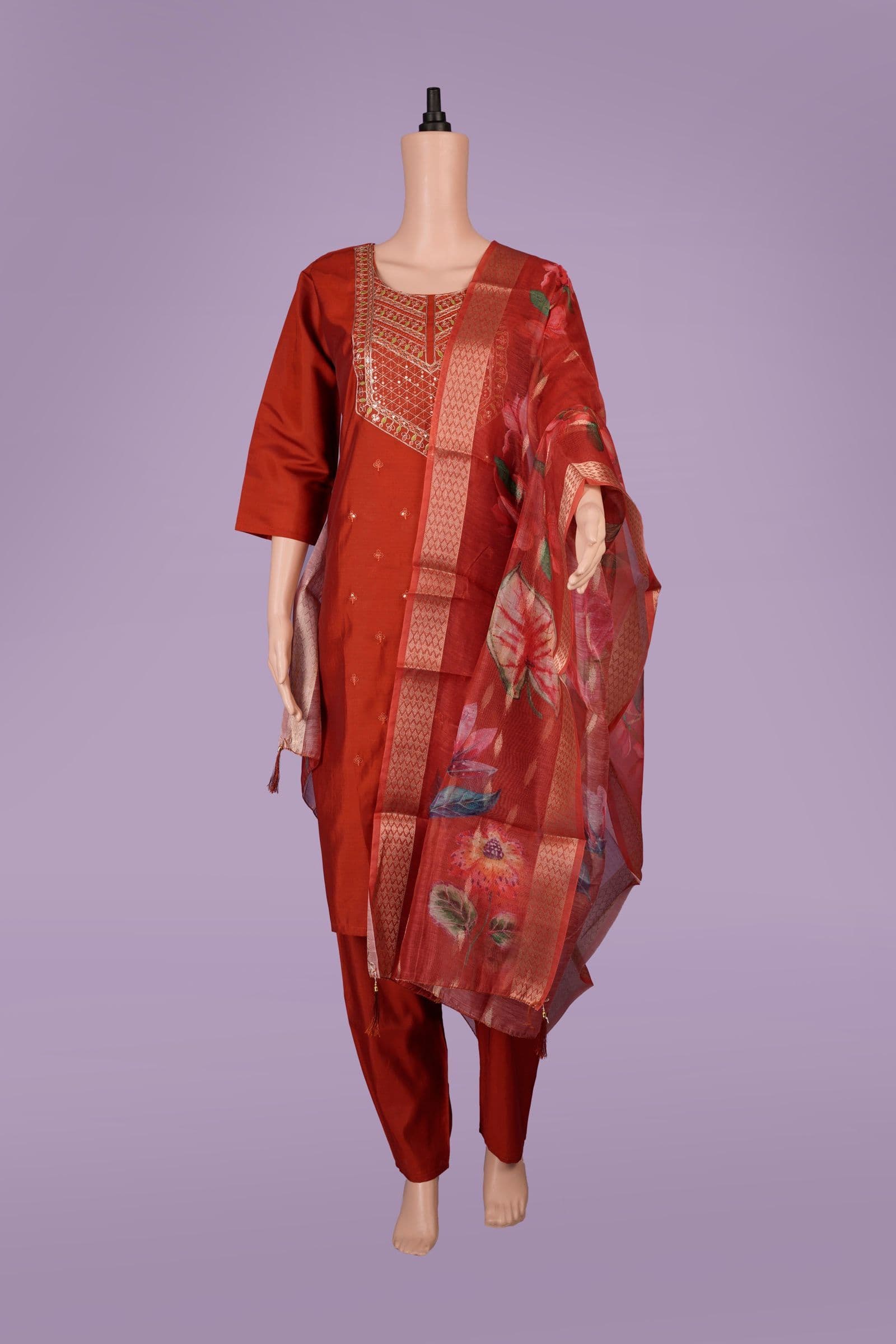 Pink Embroidered Kurta Set with Floral Dupatta