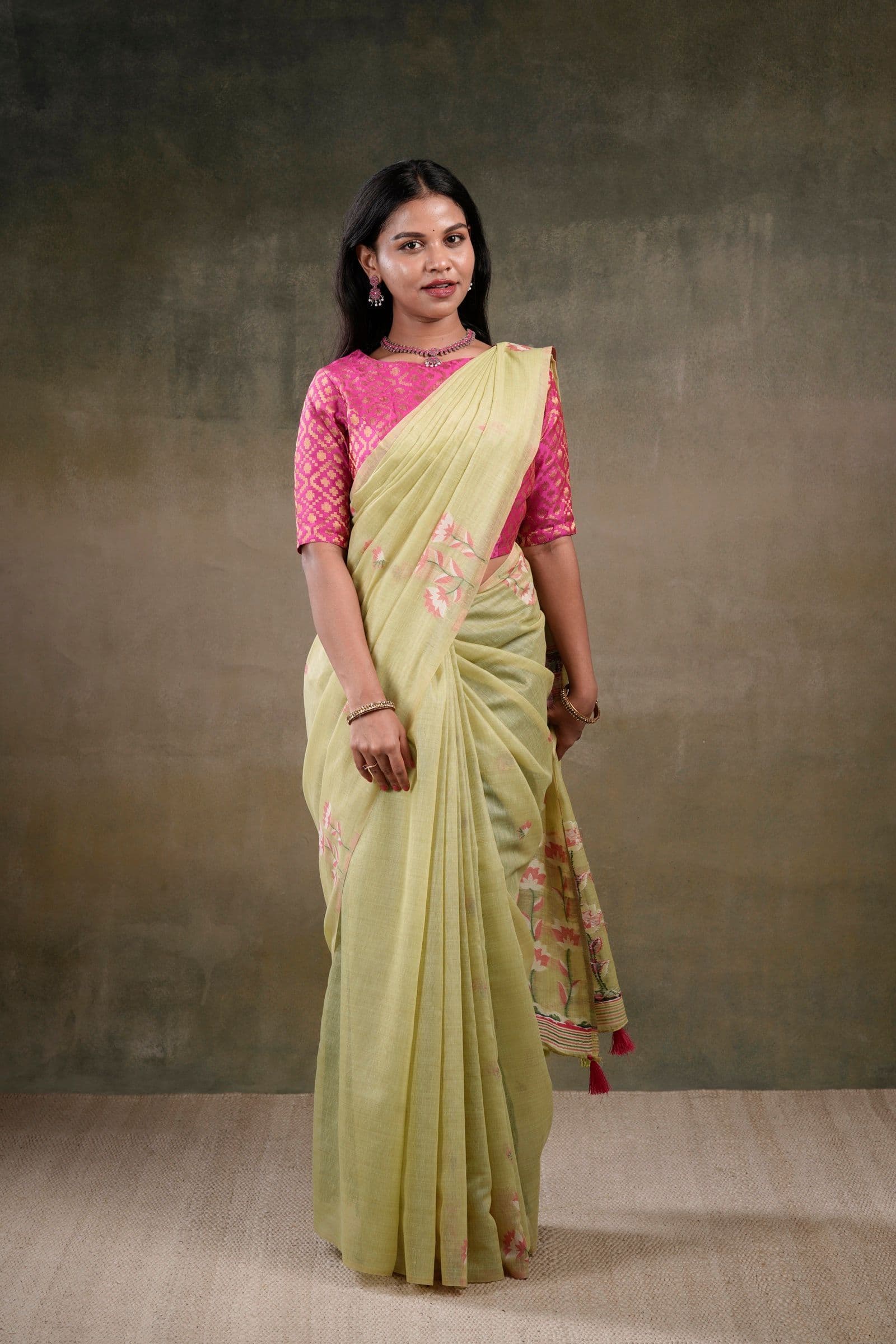 Cream Cotton Saree with Pink Floral Motifs
