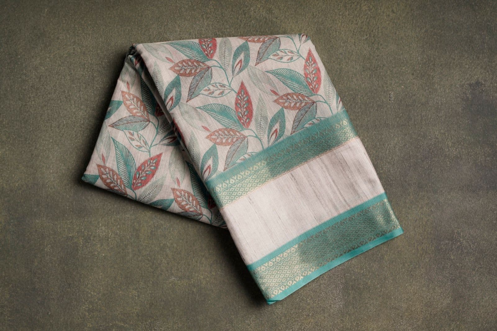Leaf Print Cotton Saree with Teal Border