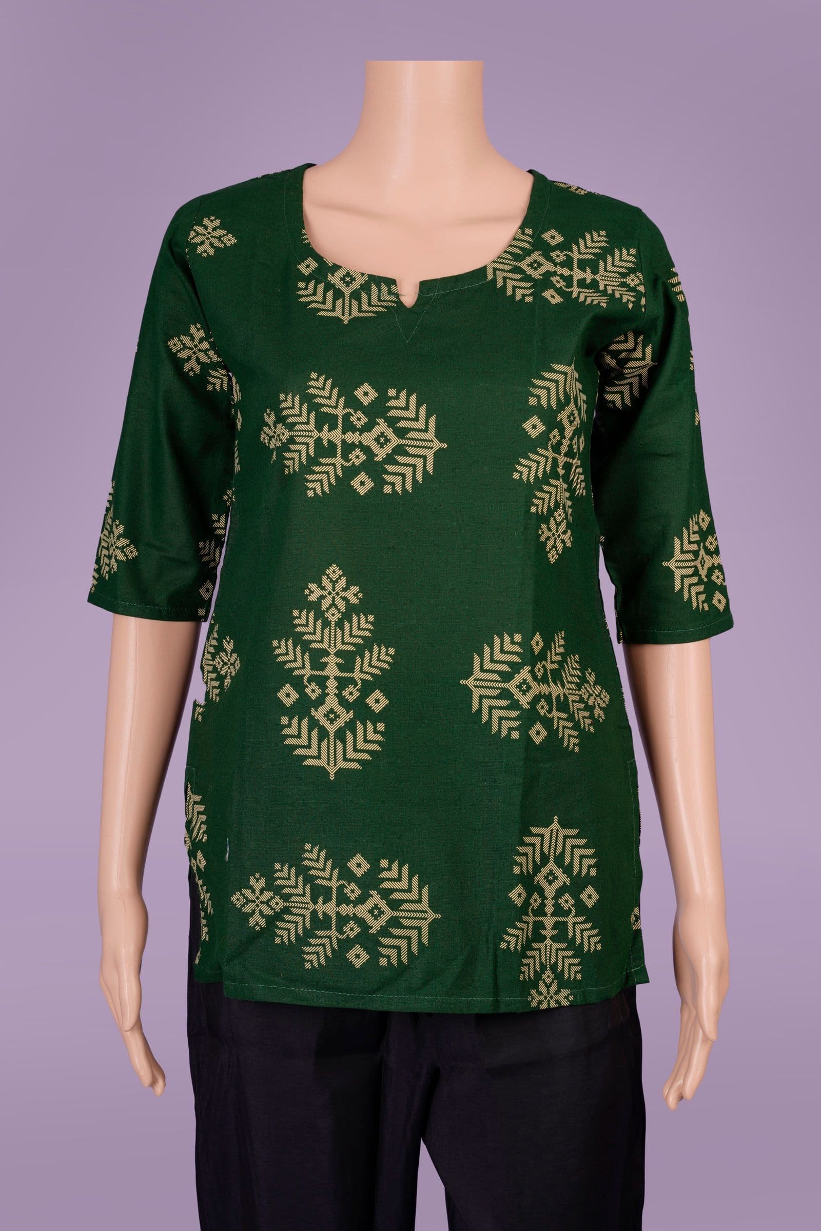 Black Ornamental Border Print V-Neck Top